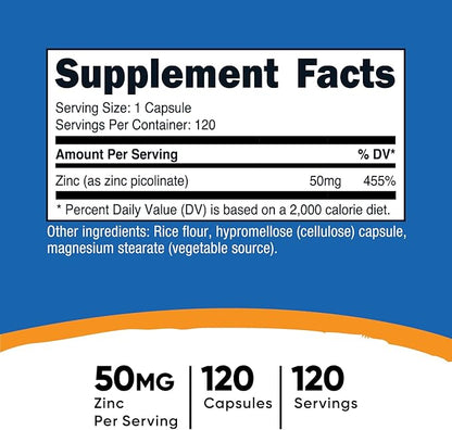 Nutricost Zinc Picolinate 50mg, 120 Vegetarian Capsules - Gluten Free and Non-GMO