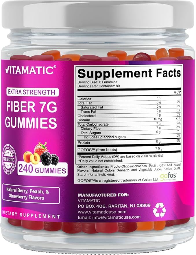 Vitamatic Prebiotic Fiber Gummies for Adults, 7G Extra Strength, Zero Sugar Added, 240 Pectin Based Gummies, Digestive Health & Regularity Support