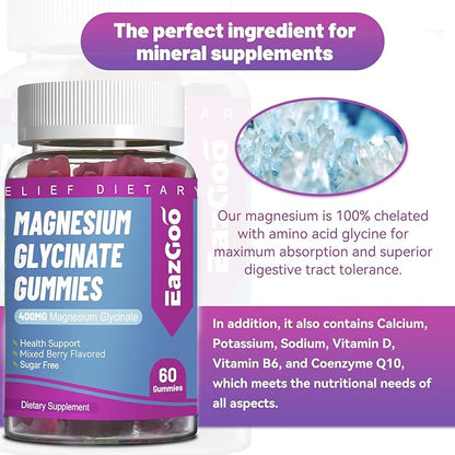 Magnesium Glycinate Gummies 400mg with L-Threonine 200mg - Sugar-Free Magnesium Potassium Supplement with Vitamin D, B6, CoQ10 for Muscle - 60 Mixed Berry Flavored Gummies