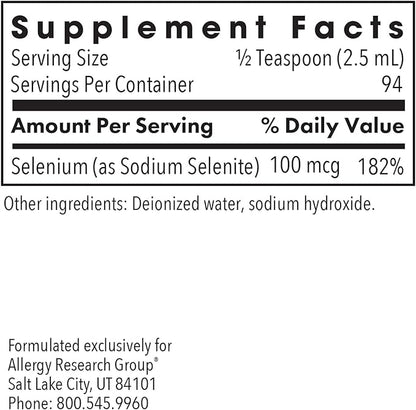 Allergy Research Group Selenium Solution - Well-Absorbed Selenium Liquid, Pure Sodium Selenite, Thyroid Support, Antioxidants, 100 mcg Supplement, Hypoallergenic - 8 Fl Oz