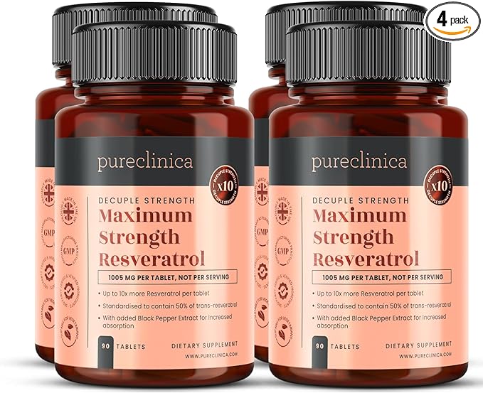 pureclinica Maximum Strength Resveratrol 1000mg x 360 Tablets - (4 Bottles of 90-12 Months Supply). 10 x Strength w/Black Pepper Extract