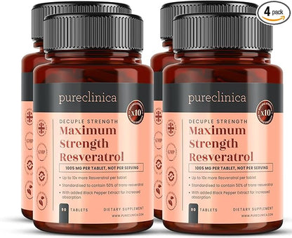 pureclinica Maximum Strength Resveratrol 1000mg x 360 Tablets - (4 Bottles of 90-12 Months Supply). 10 x Strength w/Black Pepper Extract