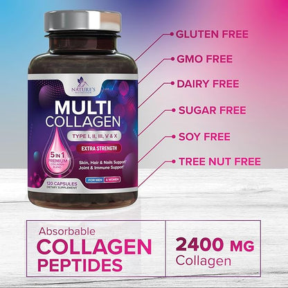 Collagen Peptides for Women & Men - Type I, II, III, V, X Multi Collagen Pills, Hydrolyzed Collagen Peptides Supplements, Nature's Hair, Skin, Nail, and Joint Support Supplement, Non-GMO, 120 Capsules