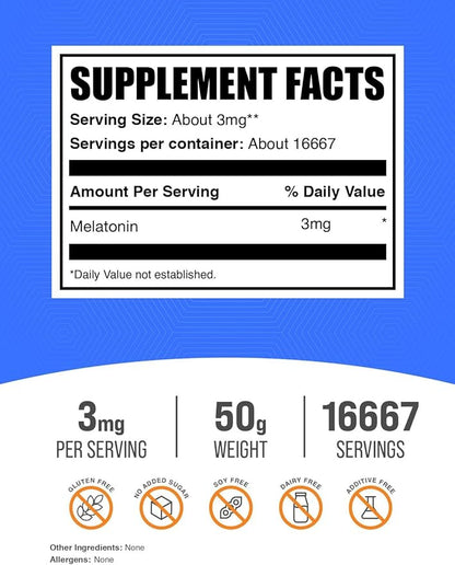 BulkSupplements.com Melatonin Powder - Sleep Supplement, Melatonin for Adults, Melatonin 3 mg - Vegan Melatonin, Pure & Gluten Free, 3mg per Serving, 50g (1.8 oz) (Pack of 1)