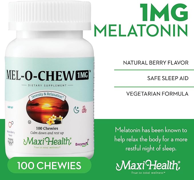 Maxi Health Chewable Melatonin, Kosher Berry Flavor, 1mg Melatonin for Adults or Teens, Natural Aid for Adults, Melatonin Chewables Alternative to Melatonin Gummies Higher 1 mg Dose (100 Count)
