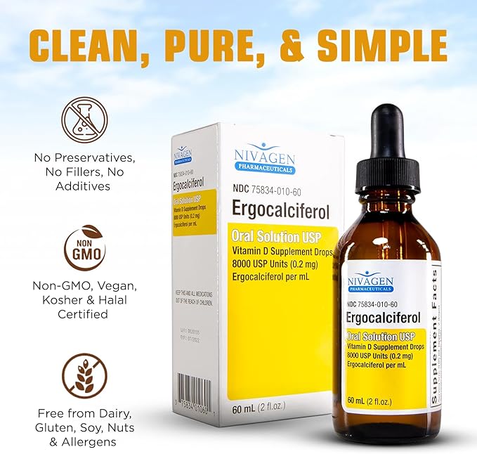 Vitamin D2 Liquid Drops as Ergocalciferol, Faster Absorption, 400iu Vitamin D2 8,000 USP, 1,200 Servings, 60ml - 2 fl.oz.