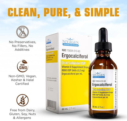 Vitamin D2 Liquid Drops as Ergocalciferol, Faster Absorption, 400iu Vitamin D2 8,000 USP, 1,200 Servings, 60ml - 2 fl.oz.