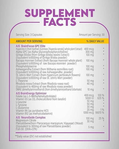 AJS Alpha GPC Nootropic Brain Supplement,Phosphatidylserine,St. John'sWort Ginkgo Biloba,Ashwagandha,Bacopa Monnieri,Pterostilbene,Magnesium Glycinate,Ginkgo Biloba,5-MTHF,Huperzine A 60CT,90 capsules