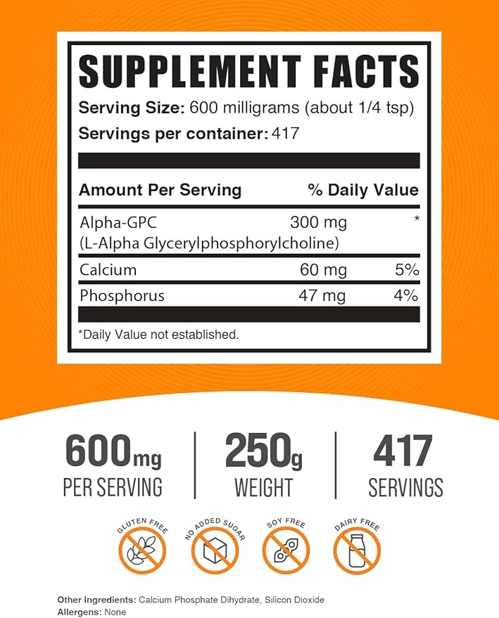 BulkSupplements.com Alpha GPC Powder - Choline Supplements, Alpha GPC 300mg - Acetylcholine Supplements, Unflavored & Gluten Free, 600mg per Serving, 250g (8.8 oz) (Pack of 1)