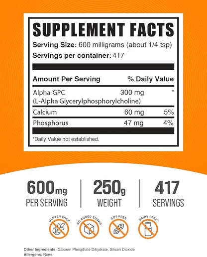 BulkSupplements.com Alpha GPC Powder - Choline Supplements, Alpha GPC 300mg - Acetylcholine Supplements, Unflavored & Gluten Free, 600mg per Serving, 250g (8.8 oz) (Pack of 1)