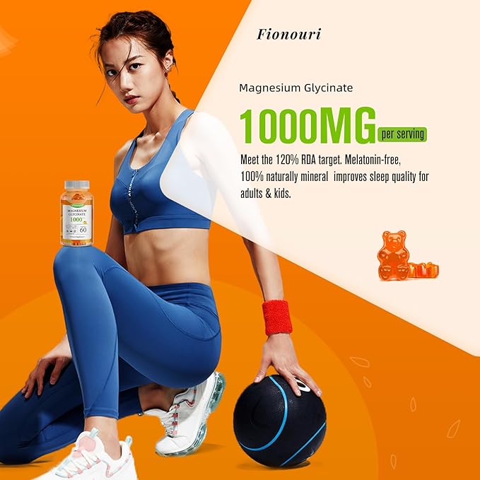 Magnesium Glycinate Gummies 1000mg - for Adults Magnesium Potassium Supplement with Vitamin D, B6, CoQ10 for Calm Mood & Sleep Support - 60 Orange Gummies -1 Pack