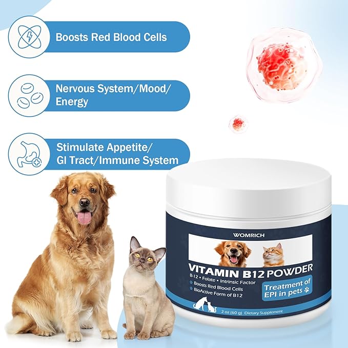 Vitamin B12 Powder Appetite Stimulant for Cats&Dogs Methylcobalamin Supplement with Folate and Intrinsic Factor, Treatment of EPI in Pets, Supports Energy, Red Blood Cell Formation, Nervous System 60g