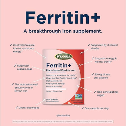 Flora Ferritin+ Delayed-Release Iron Supplement - Plant-Based Iron Supplement - Blood Cell & Energy Support - Vegan & Gluten-Free - Blister Pack - 30 Vegan Capsules