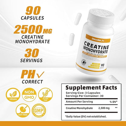 Creatine Monohydrate 2500mg, 180 Capsules - Gluten Free, Non-GMO