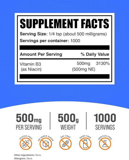 BulkSupplements.com Niacin Powder - Vitamin B3 Supplement, Niacin 500mg - Niacin Flush, Niacin with Flushing - Gluten Free, 500mg of Niacin per Serving, 500g (1.1 lbs) (Pack of 1)