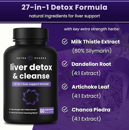 NutraChamps Liver Cleanse Detox & Repair Formula, Milk Thistle Extract with Silymarin, Artichoke, Dandelion, Chicory Root Powder, Premium Liver Support Pills Supplement, 60 Capsules (Pack of 2)