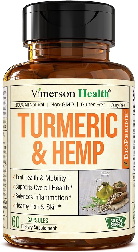 Turmeric Supplement and Hemp Capsules - Turmeric Curcumin with Black Pepper (Bioperine) for Joint, Sleep & Mood Support. Joint Supplements for Women & Men with Tumeric, Hemp & Lemon Balm. 60 Capsules