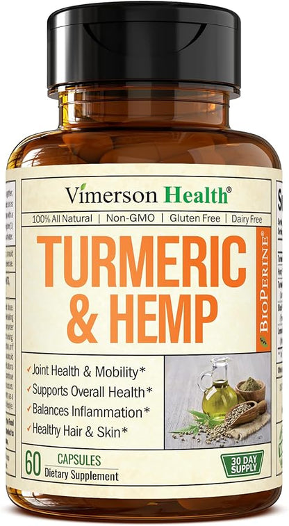 Turmeric Supplement and Hemp Capsules - Turmeric Curcumin with Black Pepper (Bioperine) for Joint, Sleep & Mood Support. Joint Supplements for Women & Men with Tumeric, Hemp & Lemon Balm. 60 Capsules