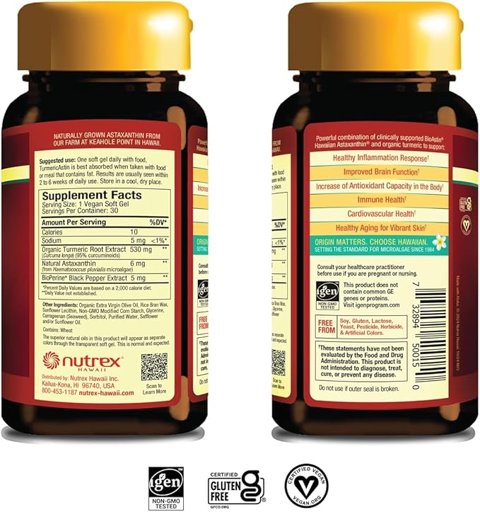Nutrex Hawaii, TurmericAstin, with Turmeric, BioAstin Hawaiian Astaxanthin & BioPerine Black Pepper Extract, 30 Count