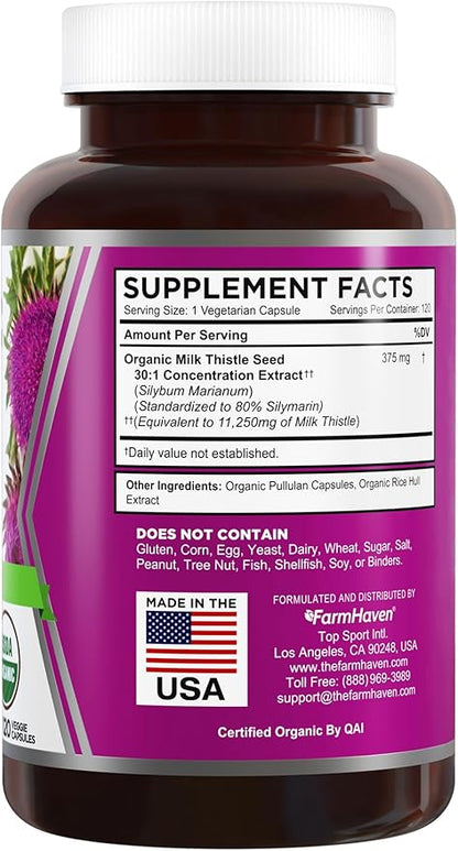 FarmHaven USDA Organic Milk Thistle Capsules | 30X Concentrated Seed Extract & 80% Silymarin Standardized - Supports Liver Function and Overall Health | Non-GMO | 360 Vegan Capsules