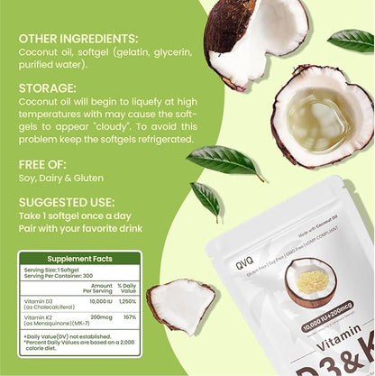 300 Pcs 2 in 1 Vitamin D3 10000 iu Plus K2 (MK-7) 200 mcg Virgin Coconut Oil Softgels with Vitamins D & K Supports Calcium Absorption, Bone, Immune, & Heart Health – Easy to Swallow
