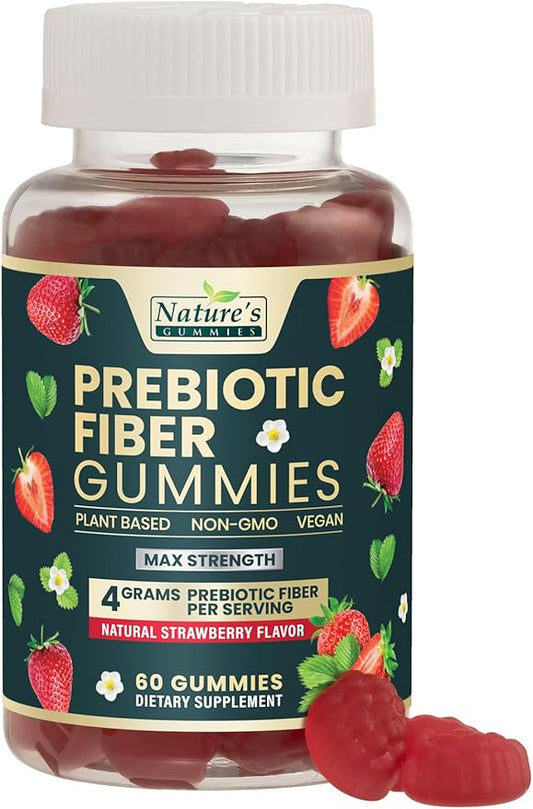 Fiber Supplement Gummies for Digestive Health & Regularity Support, Fiber 4g Gummy for Adults, Daily Prebiotic Supplements, Natural Prebiotic Fiber Gummy, Plant Based, Strawberry Flavored - 60 Gummies