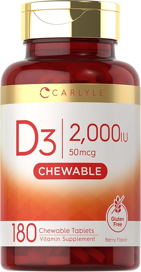 Carlyle Chewable Vitamin D3 2000 IU (50mcg) Tablets | 180 Count | Berry Flavor | Vegetarian, Non-GMO and Gluten Free