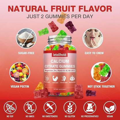 5 Packs Calcium Citrate Gummies for Kids & Adults, Sugar Free, Calcium Supplements with Vitamin D3, K2, Magnesium,Support Bone & Muscle