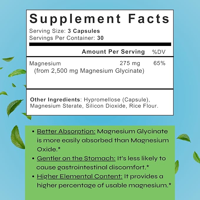 Magnesium Glycinate | High Absorption Supplement for Stress Relief, Sleep, Muscle Recovery, Nerve Support, Bone Health, and Heart Wellness – 90 Capsules, Made in The USA
