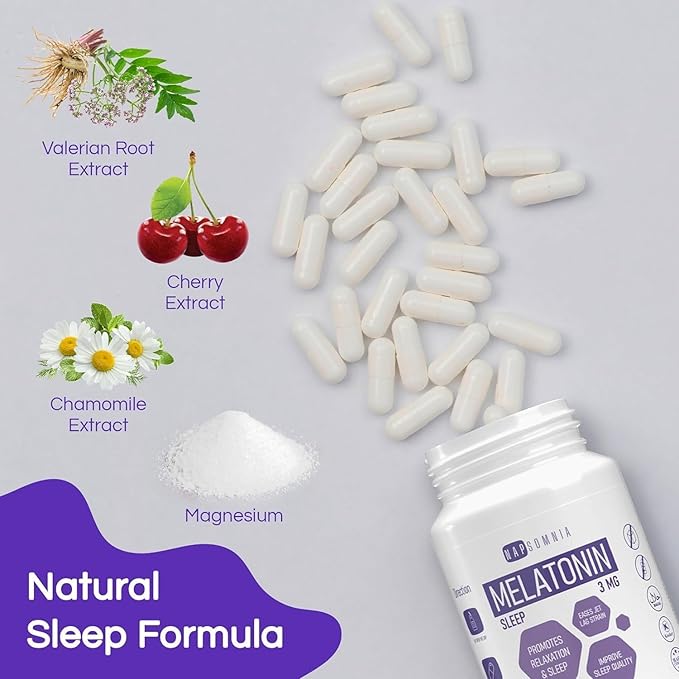 Melatonin for Sleeping for Men & Women - Sleep Melatonin -Valerian Root Extract - Vegetarian 3mg Melatonin Capsules - Sleep Aid for Adults - Deep Sleep Supplements to Ease Jet Lag Strain