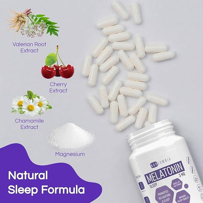 Melatonin for Sleeping for Men & Women - Sleep Melatonin -Valerian Root Extract - Vegetarian 3mg Melatonin Capsules - Sleep Aid for Adults - Deep Sleep Supplements to Ease Jet Lag Strain