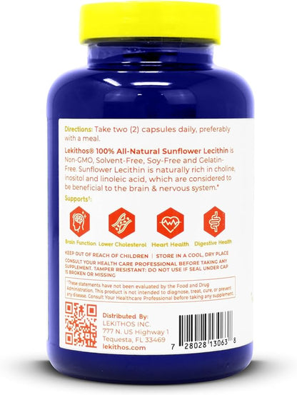 100% All-Natural Sunflower Lecithin Capsules - 120 Count - Rich in Phosphatidyl Choline - Cold Pressed (Solvent Free) - Non-GMO Project Verified - Certified Vegan