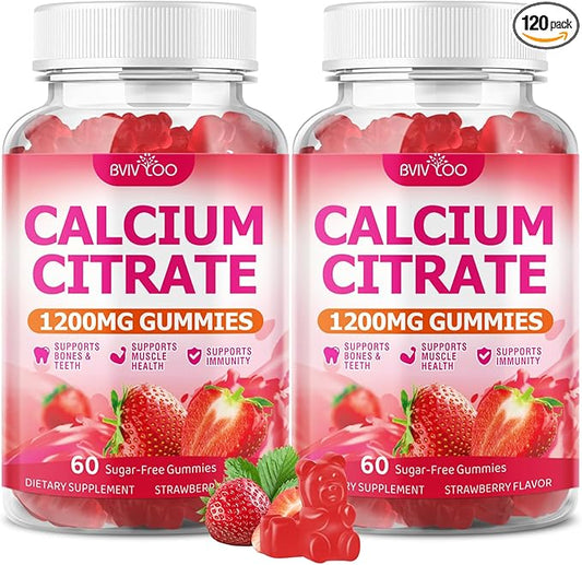 2 Packs High Absorption Calcium Citrate Gummies 1200mg - Bone & Teeth Support for Adults & Kids, Vegan Sugar-Free Gummies, Raspberry Flavor, 120 Count