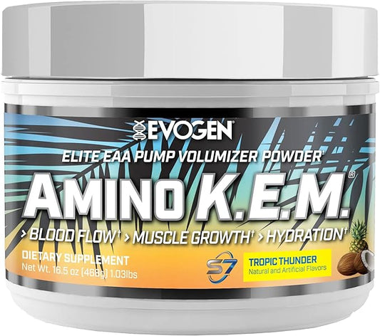 Evogen Amino K.E.M. - EAA & BCAA Powder Pump Volumizer | BCAAs Amino Acids Supplement for Blood Flow, Muscle Growth, & Hydration | Tropic Thunder | 30 Servings