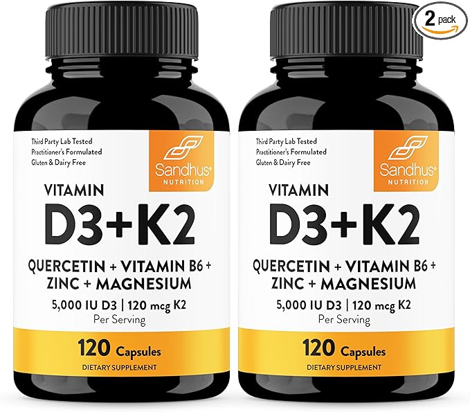 Vitamin D3 K2 5000 IU 120 Capsules (Pack of 2)| with Zinc, Magnesium & Quercetin | 5000IU of D3, 120mcg K2 | Superior Absorption, Supports Natural Energy, Immune, Bone & Muscle Health for Men & Women