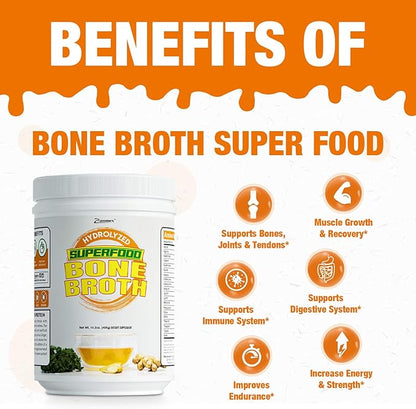 Zammex Bone Broth Plus Superfood Protein Powder (Turmeric Flavor), 8g Hydrolyzed Protein with Vitamin D, for Healthy Skin, Nails, Hair, Joints & Digestion,Non-GMO (30 Servings)