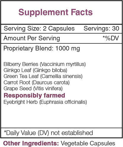 Secrets of the Tribe Falcon Eye 60 Capsules, 1000 mg, Bilberry, Eyebright, Ginkgo, Green Tea, Carrot, Grape. Healthy Vision Support (60 Capsules)