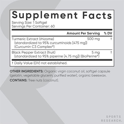 Sports Research Turmeric Curcumin C3 Complex 500 mg, Enhanced & Black Pepper and Organic Coconut Oil for Better Absorption; Non-GMO and Gluten Free - Standardized 95% Curcuminoids (60 Count Softgels)