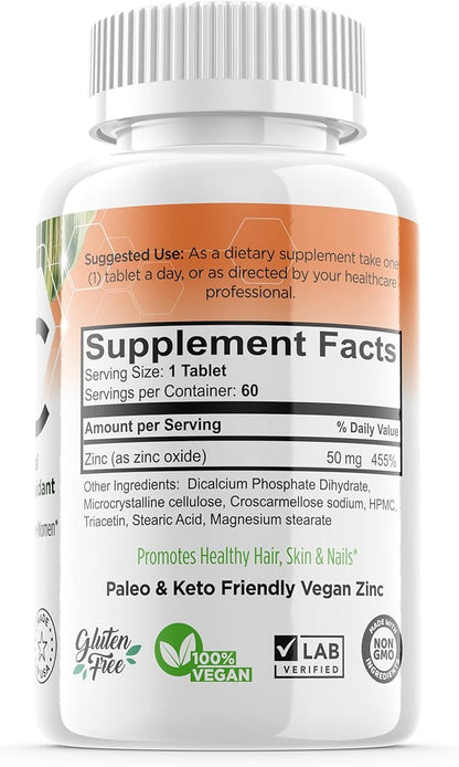 Zinc 50mg, (60 Tablets), Specially Formulated for Sensitive Stomach, Immune Support, Skin & Hair, Vegan Zinc Supplement, Non-GMO Made in USA