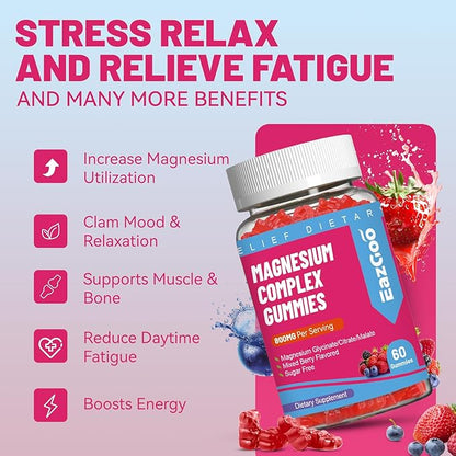 Magnesium Gummies 800mg - Vitamin D3, C, B6, B12 & Zinc Complex with Magnesium Glycinate, Citrate & Malate, Magnesium Complex Gummies for Muscle, Mood & Energy, Vegan 120 Counts