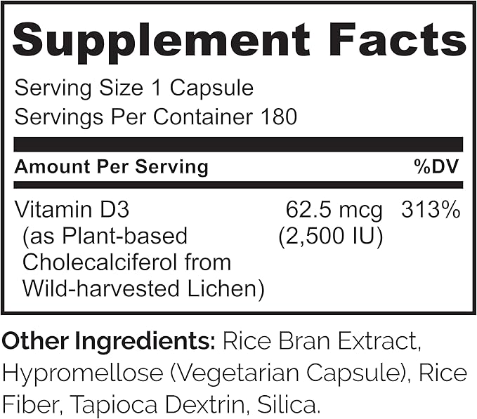 NATURELO Vitamin D - 2500 IU - Plant Based from Lichen - Natural D3 Supplement for Immune System, Bone Support, Joint Health - Vegan - Non-GMO - Gluten Free - 180 Capsules