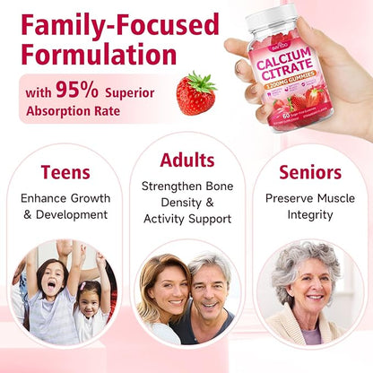 2 Packs High Absorption Calcium Citrate Gummies 1200mg - Bone & Teeth Support for Adults & Kids, Vegan Sugar-Free Gummies, Raspberry Flavor, 120 Count