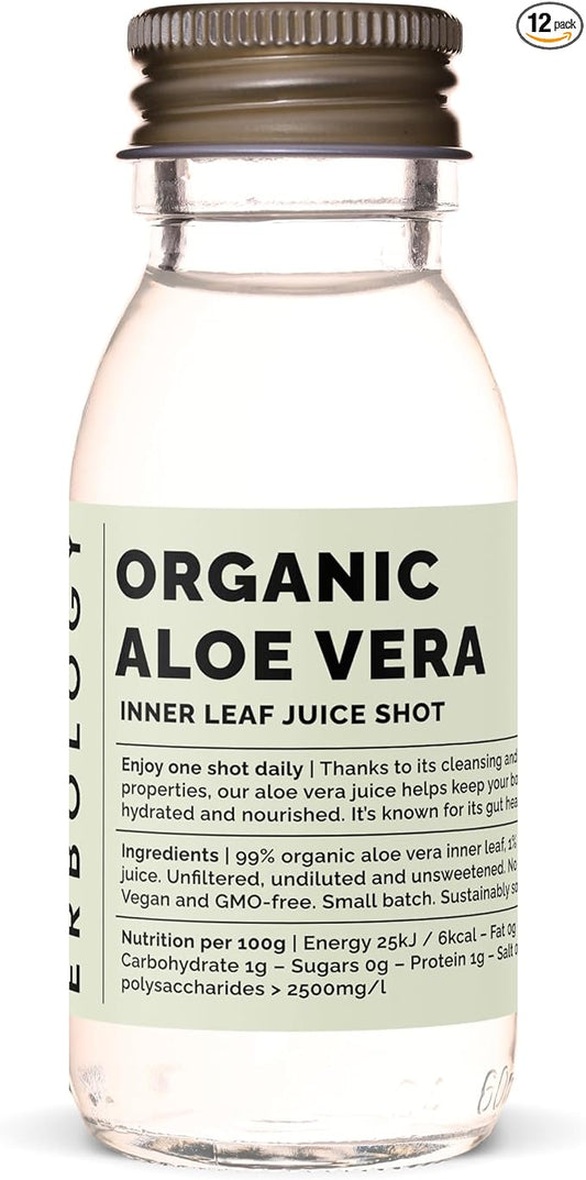Erbology Organic Aloe Vera Juice 12 Daily Shots (2 fl oz) - Immunity Support and Detox - from Inner Leaf - Straight from Farm in Spain - Undiluted - No Added Sugar - Non-GMO - Recyclable Glass Bottle
