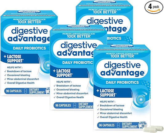 Digestive Advantage Lactose Defense Enzymes + Probiotics for Women & Men Occasional Bloating, Lactose Breakdown, Minor Abdominal Discomfort, Immune Support, 96 Count Capsules (4 Pack)