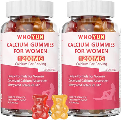 Calcium Gummies for Women 1200 mg, Unique Formula with Folate, B6, B12, D3, Magnesium, Zinc, Calcium Citrate Chewable Supplement for Bone, Skin Health, 120 Count