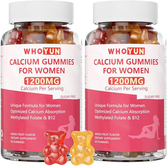 Calcium Gummies for Women 1200 mg, Unique Formula with Folate, B6, B12, D3, Magnesium, Zinc, Calcium Citrate Chewable Supplement for Bone, Skin Health, 120 Count