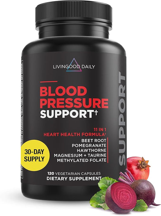Livingood Daily Blood Pressure Support, 120 Vegetarian Capsules - Blood Pressure Supplements with Beet Root, Pomegranate, & Hawthorn Support High Blood Pressure & Heart Health - Vegan & Non-GMO