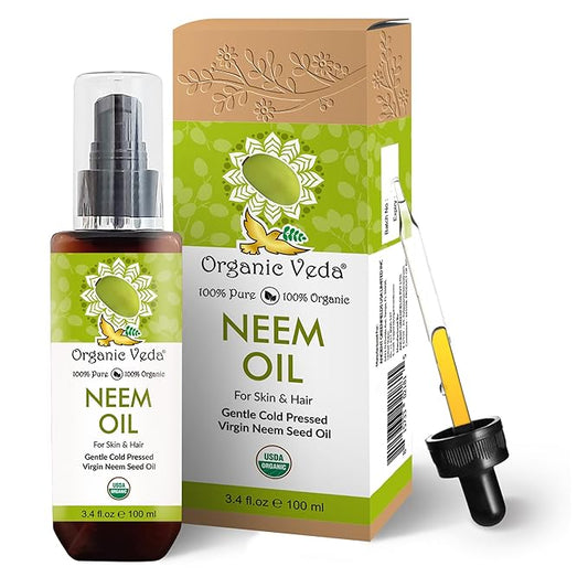 Organic Veda Neem Oil - Pure, Cold Pressed & Organic Neem Oil for Skin, Hair, Face, Body, Scalp - Natural Moisturizer, Virgin Neem seed oil - Rich in Vitamin E, Fatty Acids, Antioxidants - 3.4 fl oz