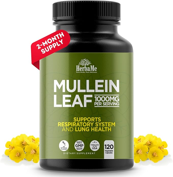 Mullein Leaf 1000mg, 120 Capsules, Lung Detox for Smokers, Lung Cleanse Supplement, Supports Respiratory Function Health, Promotes Mucous Membranes | Ear Health, Mucus Relief Herbal Pills
