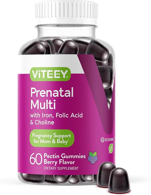 Viteey Prenatal Multi with Iron, Folic Acid & Choline Gummies - Prenatal Multivitamin with Iron, Choline and Folic Acid Gummies - Vegetarian, Gluten Free - Chewable Berry Flavored Prenatal for Women